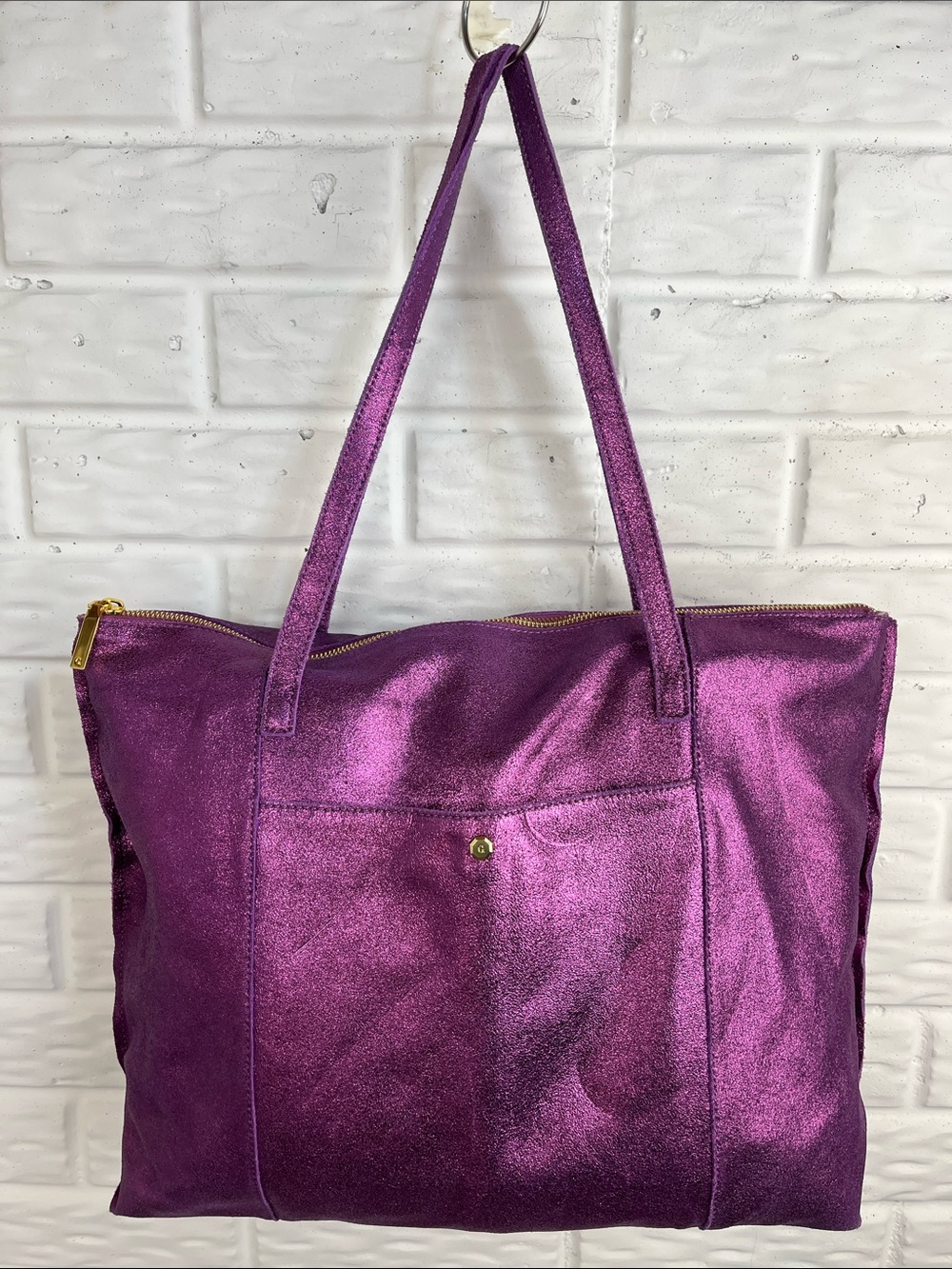 G.I.L.I. Got it Love it metallic purple zip top tote bag genuine leather + bag